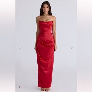 HOUSE OF CB 'Adrienne' Scarlet Satin Strapless Gown NWOT